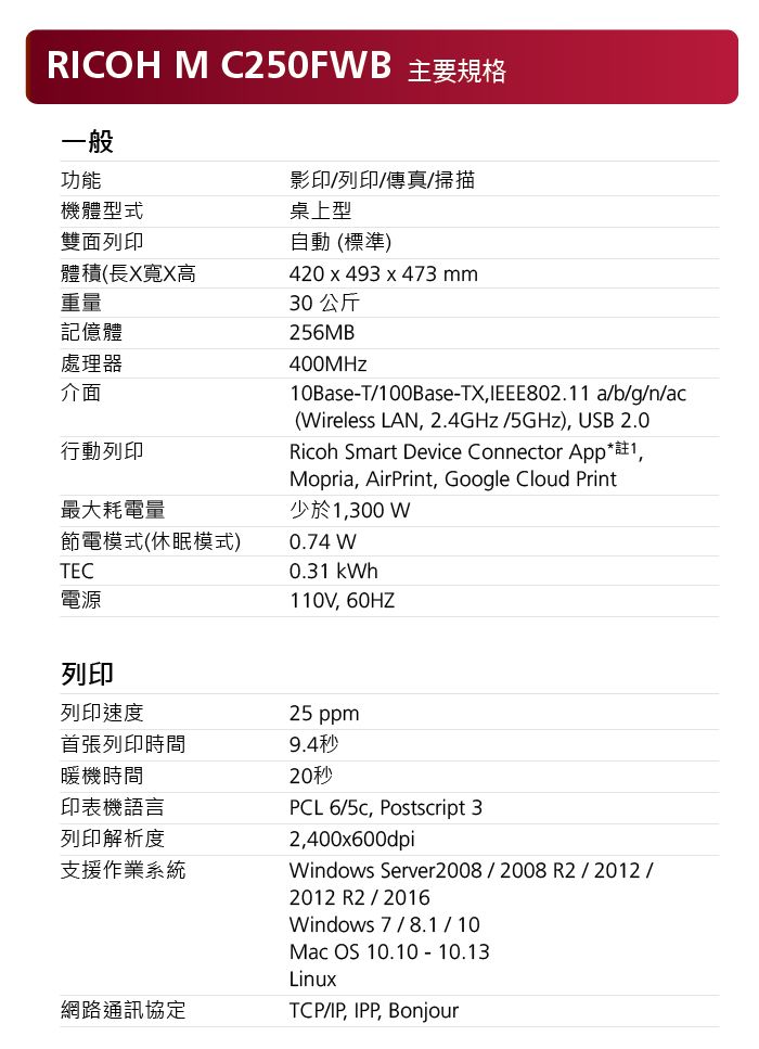 RICOH M C250FWB 主要規格一般功能影印列印/傳真/掃描機體型式雙面列印桌上型自動 (標準)體積(長X寬X高420 x 493 x 473 mm重量記憶體處理器介面行動列印最大耗電量節電模式(休眠模式)TEC電源列印30 公斤256MB0Base-T/100Base-TX,IEEE802.11 a/b/g/n/ac(Wireless LAN, 2.4GHz /5GHz), USB 2.0Ricoh Smart Device Connector App*註1,Mopria, AirPrint, Google Cloud Print少於1,300 W0.74 W0.31 kWh110V, 列印速度首張列印時間暖機時間印表機語言列印解析度支援作業系統網路通訊協定25 ppm9.4秒20秒PCL6/5c, Postscript 32,400x600dpiWindows Server2008/2008 R2/2012/2012 R2/2016Windows 7/8.1/10Mac OS 10.10 -10.13LinuxTCP/IP, IPP, Bonjour