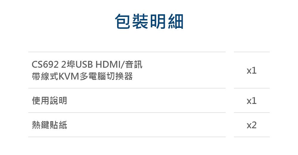 包裝明細CS692 2埠USB HDMI/音訊帶線式KVM多電腦切換器使用說明熱鍵貼紙x1x1x2