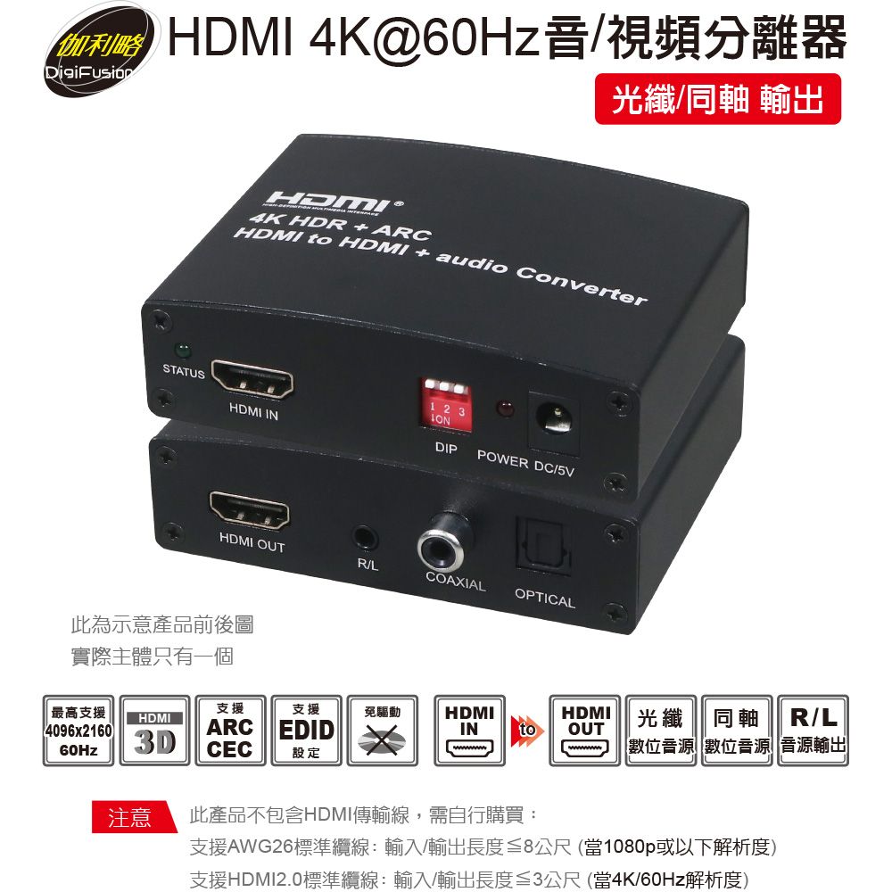 伽利略  HDMI 4K@60Hz 音/視頻分離器 光纖/同軸輸出