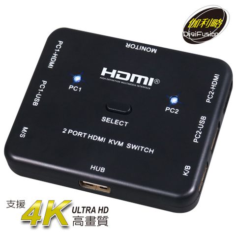實測支援4K@60Hz, 內附USB連接線伽利略 HDMI 4K2K KVM 電腦切換器 2埠