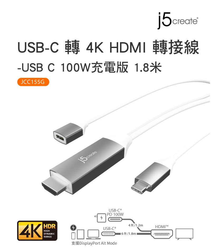 j5createUSB-C 轉 4K HDI 轉接線-USB C 100W JCC155G4KHDRHIGHDYNAMICRANGEUSB-CPD 100W4 ft/1.2mHDMIMUSB-C6 ft /1.8mDisplayPort  Mode