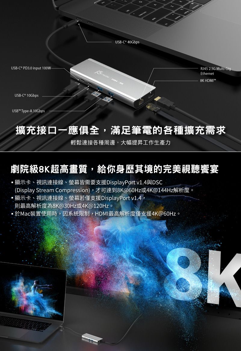 j5create USB4 8K60顯示2.5G網路極速多功能集線器Dock / 相容