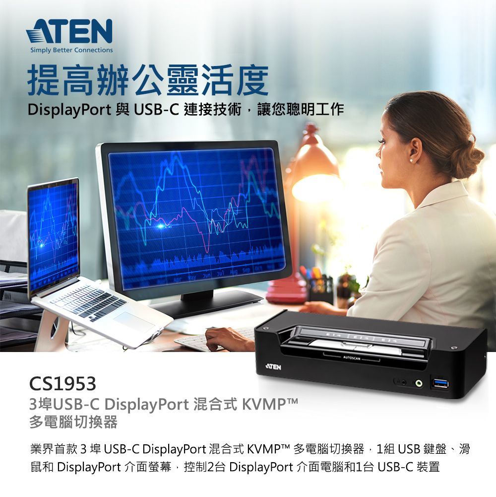 ATEN 3埠USB-C DisplayPort混合式KVMP™多電腦切換器(CS1953) - PChome