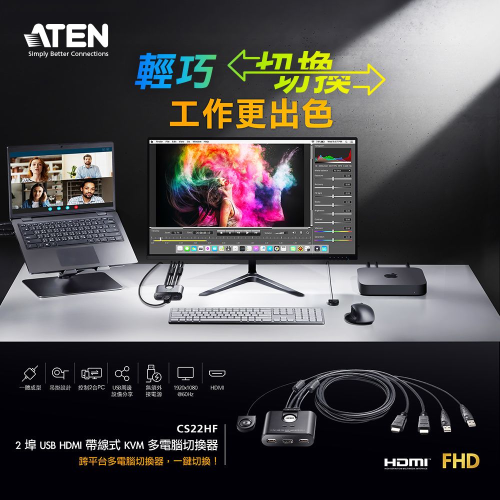 ATENSimply Better Connections輕巧工作更出色一體成型 吊掛設計控制2 USB周邊 無須外 1920x80設備分享 接電源 @60HzCS22HF2 埠 USB HDMI 帶線式 KVM多電腦切換器跨平台多電腦切換器,一鍵切換!10HDMI FHD