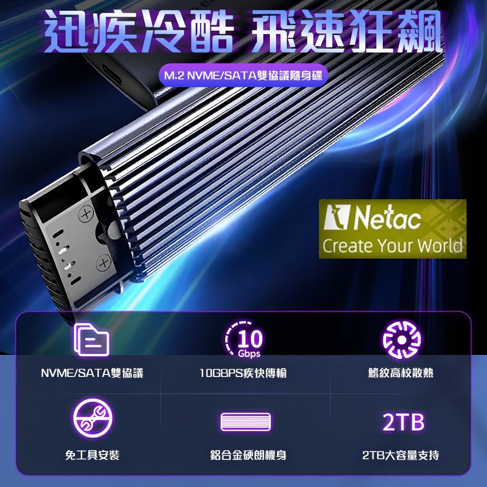  Netac_台灣雷騰 急速散熱M.2 SSD NVMe/SATA 轉Type C外接盒 支援NGFF/NVMe 雙協議(公司貨 1年保固)