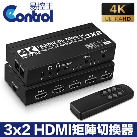 易控王 4K 2K HDMI 三進二出 選擇分配器/ 含音源輸出 光纖 (40-214)