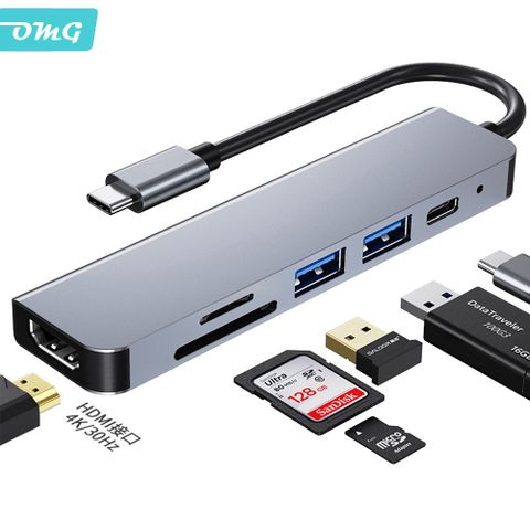OMG TYPE-C轉HDMI 多功能六合一HUB拓展塢 4K高清 筆記本多功能分線器 USB轉換器 灰色
