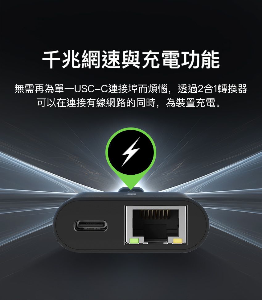千兆網速與充電功能無需再為單埠而煩惱,透過合1轉換器可以在連接有線網路的同時,為裝置充電。