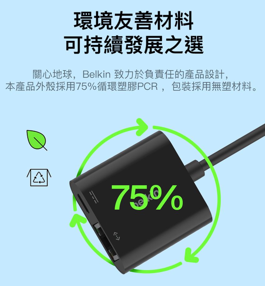 環境友善材料可持續發展之選關心地球,Belkin 致力於負責任的產品設計,本產品外殼採用75%循環塑膠PCR,包裝採用無塑材料。75%