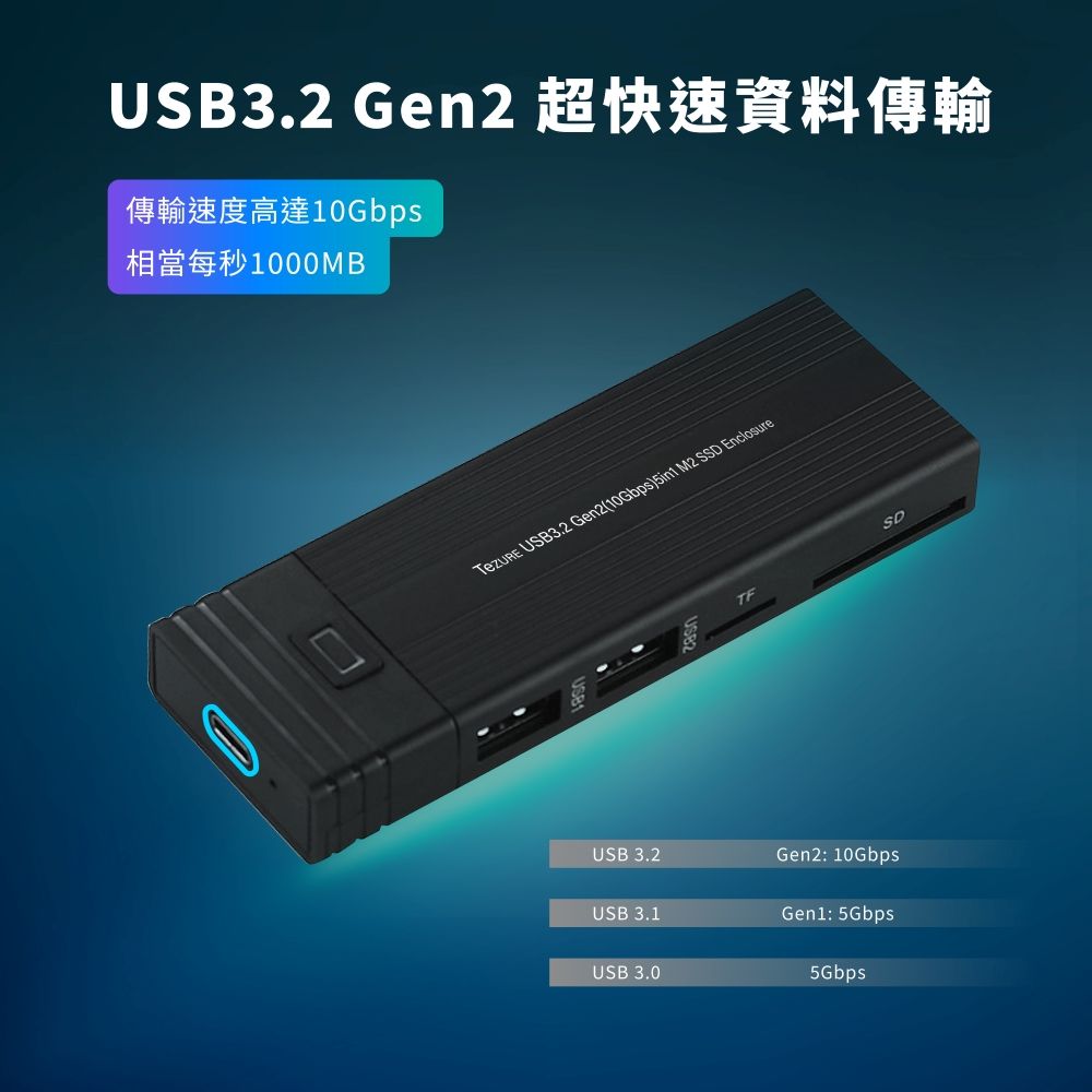 USB3.2 Gen2 傳輸速度高達10Gbps相當每秒1000MB USB3.2 Gen2(10Gbps)5in1 M2 SSD EnclosureUSB 3.2Gen2: 10GbpsUSB 3.1Gen1: 5GbpsUSB 3.05GbpsSD