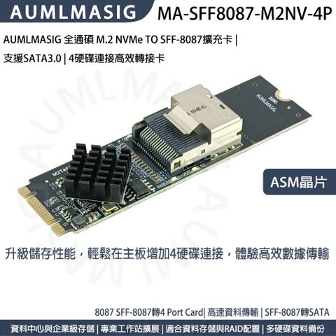 AUMLMASIG 全通碩 SFF-8087 to 4 Port SATA3.0數據線 +M.2 NVMe TO SFF-8087專屬擴充卡