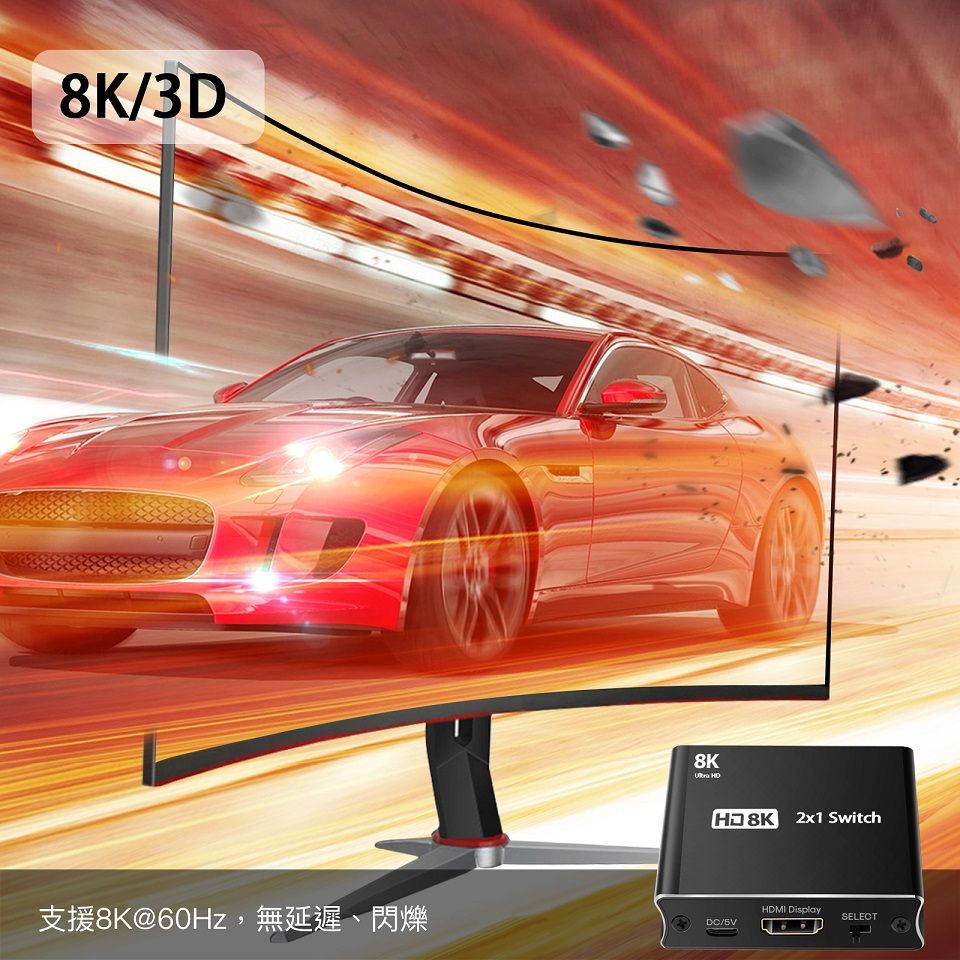 8K/3D支援8K@60Hz,無延遲、閃爍8K  2x1 SwitchHDMI DisplaySELECT/