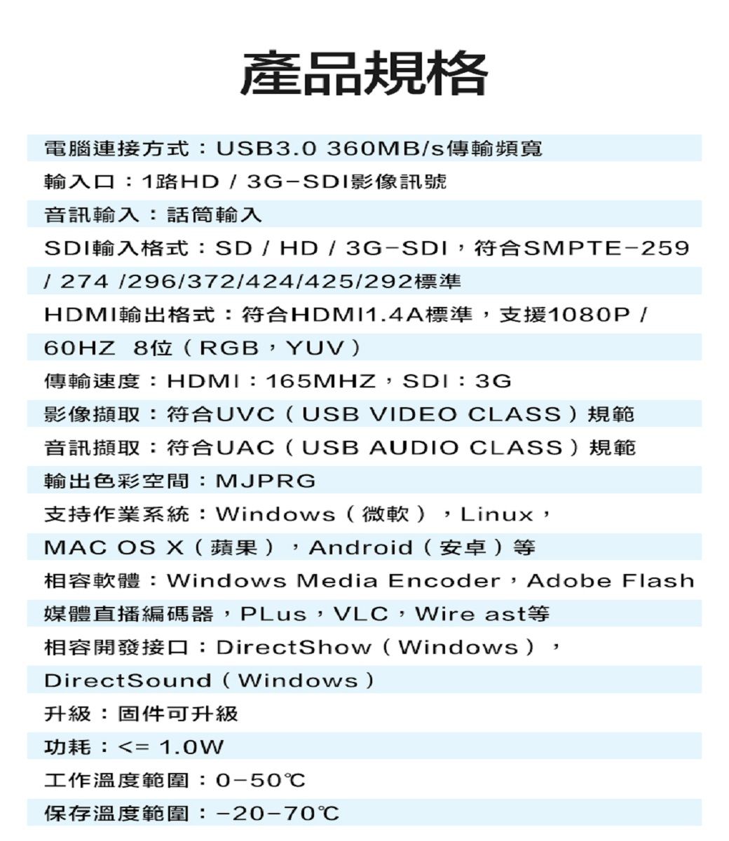 USB3.0 360MB輸入口1路3G影像訊號音訊輸入話筒輸入ISD  HD / 3G-SDI ASMPTE-259/ 274/296/372/424/425/292HDMIAHDMI1.4A 1080P /60HZ  RGB YUV HDMI 165MHZ SDI : 3G (USB VIDEO CLASS) (USB AUDIO CLASS)輸出色彩空間:MJPRG支持作業系統:Windows(微軟)LinuxMAC OS  () Android (): Windows Media Encoder Adobe Flash VLC Wire ast DirectShow (Windows)DirectSound (Windows)升級:固件可升級  工作溫度範圍:0-50保存溫度範圍:-20-70℃