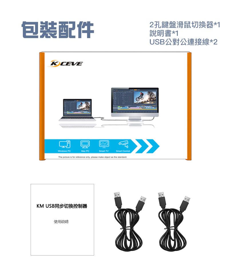 包裝配件2孔鍵盤滑鼠切換器*1說明書*1USB公對公連接線*2KCEVEWindows  PC TV The           KM USB同步切换控制器使用说明