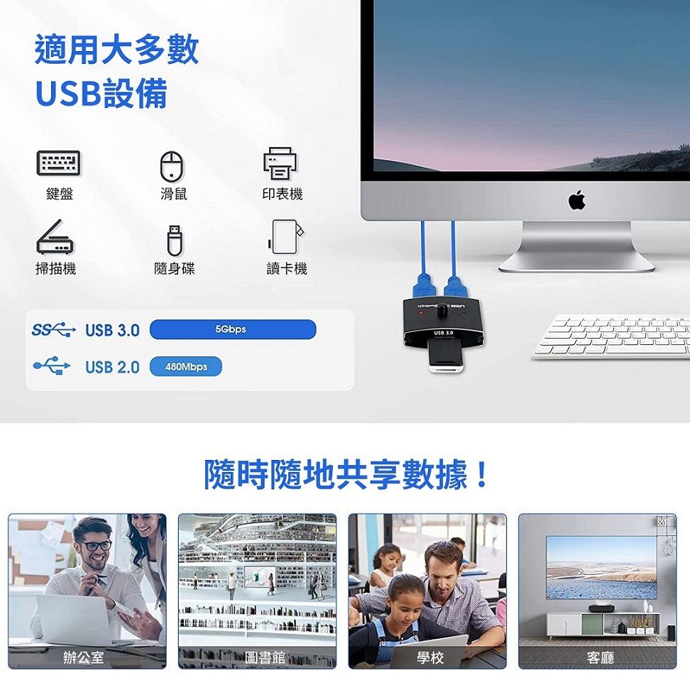 適用大多數USB設備鍵盤滑鼠印表機掃描機隨身碟讀卡機 USB 3.0USB 2.0480Mbps5Gbps隨時隨地共享數據!辦公室圖書館學校客廳