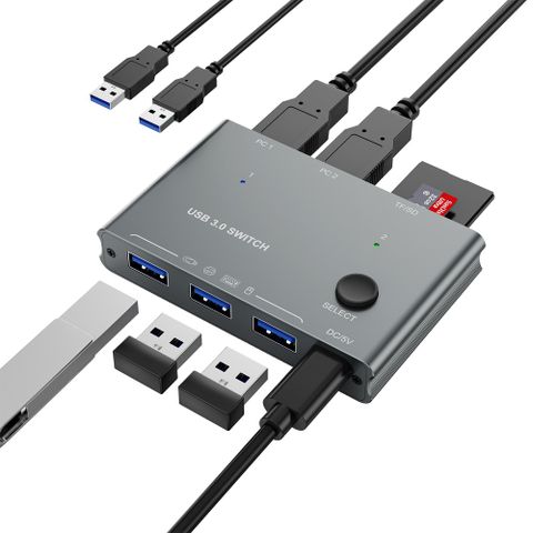 易控王 USB3.0切換器 2台電腦共用USB孔 USB*3 TF/SD卡 一鍵切換 (40-122-06)