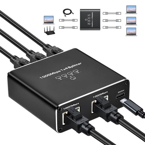 易控王 1x4 1進4出網路分配器 交換器 RJ45 1000Mbps 可同時上網 外接電源 (40-759-04)