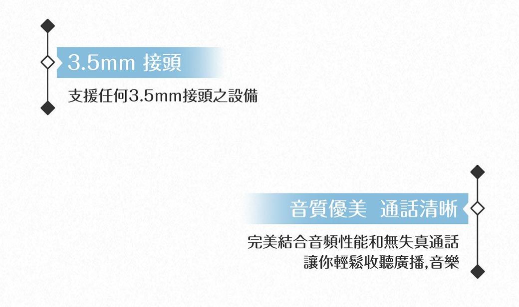 3.5mm 接頭支援任何3.5mm接頭之設備音質優美 通話清晰完美結合音頻性能和無失真通話讓你輕鬆收聽廣播,音樂