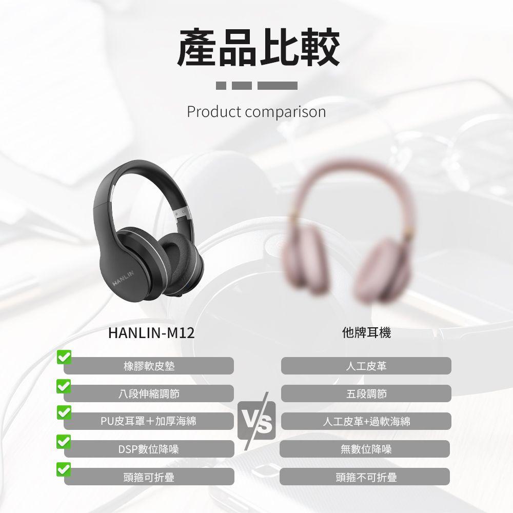 HANLIN產品比較Product comparisonHANLIN-M12橡膠軟皮墊他牌耳機人工皮革五段調節八段伸縮調節PU皮耳罩+加厚海綿人工皮革+過軟海綿DSP數位降噪頭箍可折疊無數位降噪頭箍不可折疊