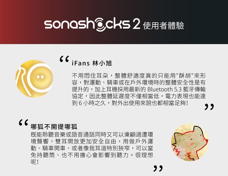 2 使用者體驗iFans 林小旭不用悶住耳朵,整體舒適度眞的只能用酥胡來形容,對運動、騎車或在戶外環境時的整體安全性是有提升的,加上耳機採用最新的 Bluetooth 5.3 藍牙傳輸協定,因此整體延遲度不僅相當低,電力表現也能達到6小時之久,對外出使用來說也都相當足夠!哪狐不開提哪狐既能聆聽音樂或語音通話同時又可以兼顧週遭環境聲響,雙耳開放更加安全自由,用做戶外運動、騎車開車、或者像我耳道特別狹窄,可以當免持聽筒、也不用擔心會影響到聽力。很理想呢!