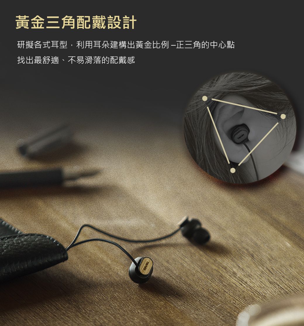 黃金三角配戴設計研擬各式耳型,利用耳朵建構出黃金比例正三角的中心點找出最舒適、不易滑落的配戴感