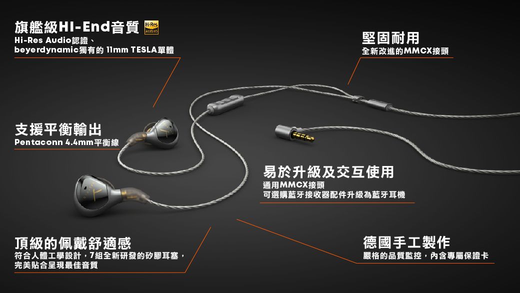 旗艦級HIEnd音質Hi-Res Audio認證、beyerdynamic獨有的  TESLA單體堅固耐用全新改進的MMCX接頭支援平衡輸出Pentaconn 4.4mm平衡線易於升級及交互使用通用MMCX接頭可選購藍牙接收器配件升級為藍牙耳機頂級的佩戴舒適感符合人體工學設計7組全新研發的矽膠耳塞,完美合呈現最佳音質德國手工製作嚴格的品質監控,內含專屬保證卡