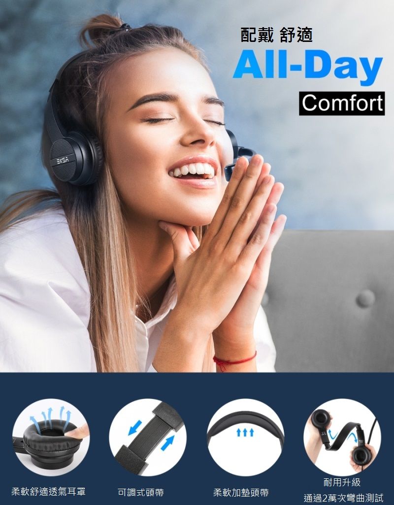 配戴舒適All-DayComfort耐用升級柔軟舒適透氣耳罩可調式頭帶柔軟加墊頭帶通過2萬次彎曲測試