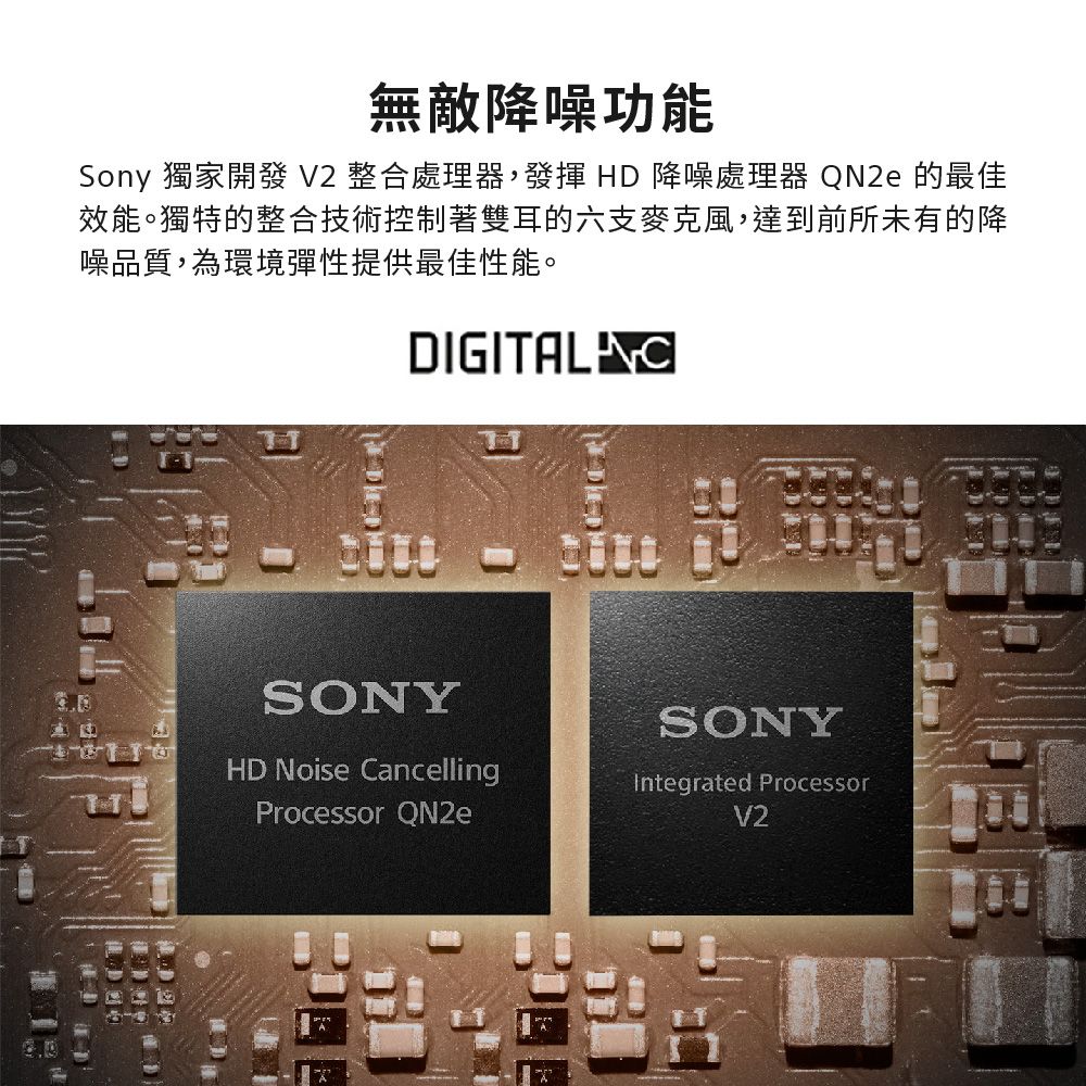 無敵降噪功能Sony 獨家開發 V2 整合處理器,發揮 HD降噪處理器  的最佳效能。獨特的整合技術控制著雙耳的六支麥克風,達到前所未有的降噪品質,為環境彈性提供最佳性能。DIGITAL CSONYHD Noise CancellingProcessor QN2eSONYIntegrated ProcessorV2