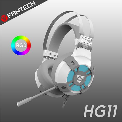 RGB多色燈光特效FANTECH HG11 7.1環繞立體聲RGB耳罩式電競耳機(白色經典款)