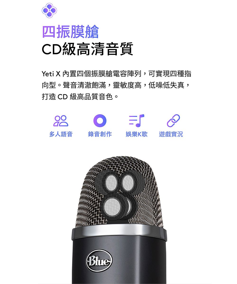 四振膜艙CD級高清音質Yeti X 內置四個振膜艙電容陣列,可實現四種指向型。聲音清澈飽滿,靈敏度高,低噪低失真,打造 CD 級高品質音色。多人語音 錄音創作娛樂K歌遊戲實況Blue