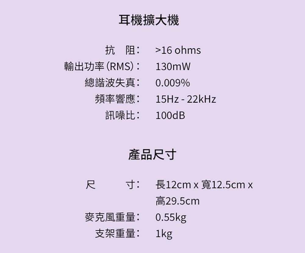 耳機擴大機抗阻: 16 ohms輸出功率(RMS):130mW總諧波失真: 0.009%頻率響應:15Hz-22kHz訊噪比: 100dB產品尺寸尺寸:長12cm  寬12.5cm x高29.5cm麥克風重量:0.55kg支架重量: