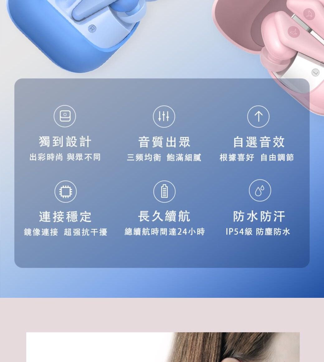 獨到設計出彩時尚 與眾不同音質出眾自選音效三頻均衡 飽滿細膩根據喜好自由調節連接穩定長久續航防水防汗鏡像連接 超强抗干擾總續航時間達24小時IP54級 防塵防水