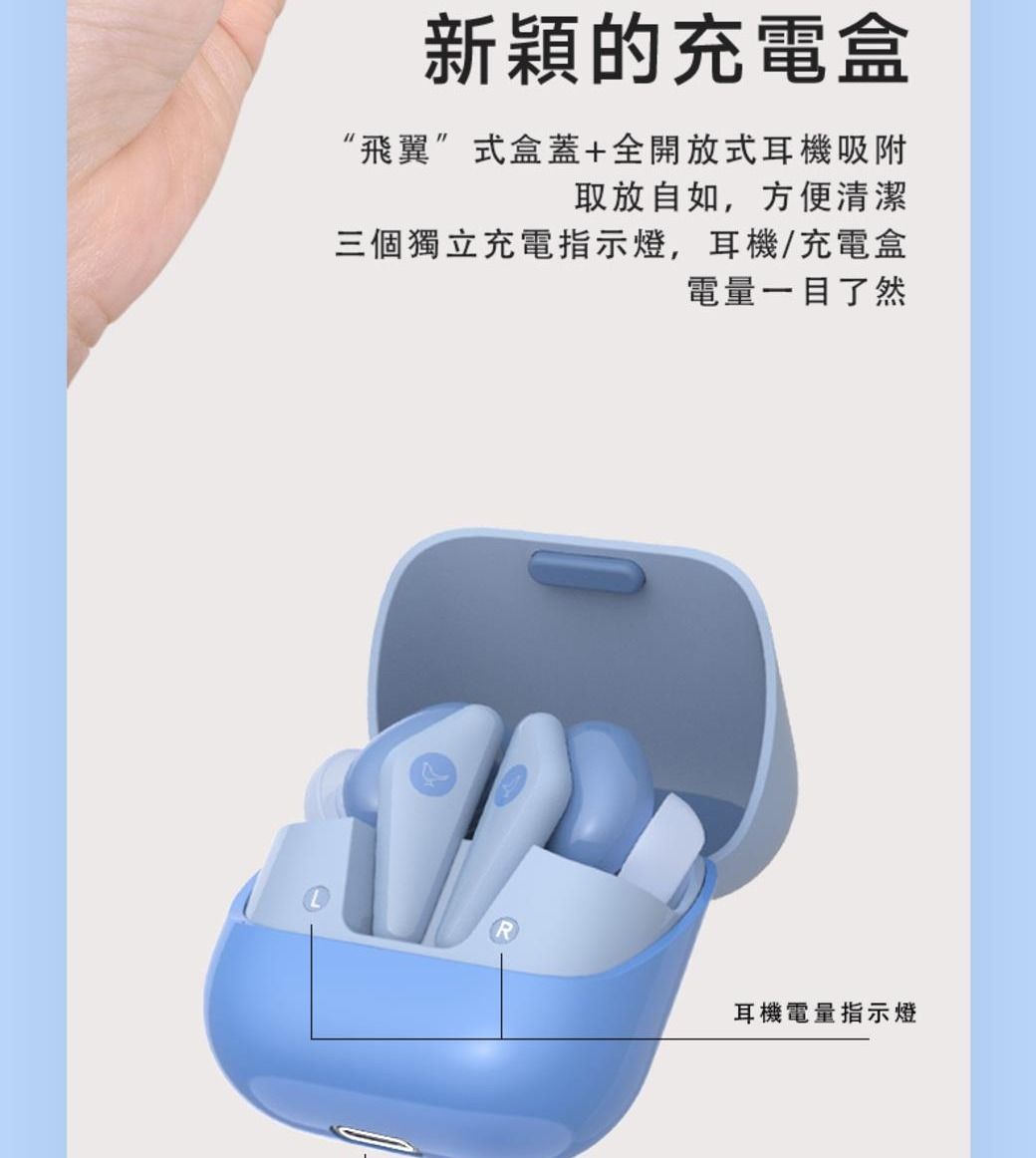 新穎的充電盒“飛翼”式盒蓋+全開放式耳機吸附取放自如,方便清潔三個獨立充電指示燈,耳機/充電盒電量一目了然耳機電量指示燈