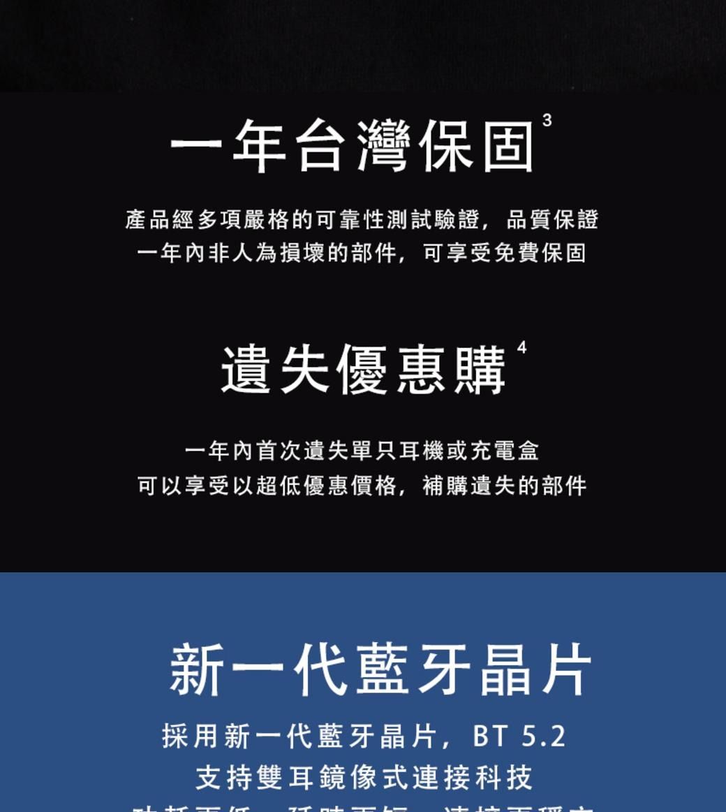3一年台灣保固產品經多項嚴格的可靠性測試驗證,品質保證一年內非人為損壞的部件,可享受免費保固4遺失優惠購一年內首次遺失單只耳機或充電盒可以享受以超低優惠價格,補購遺失的部件新一代藍牙晶片採用新一代藍牙晶片,BT 5.2支持雙耳鏡像式連接科技