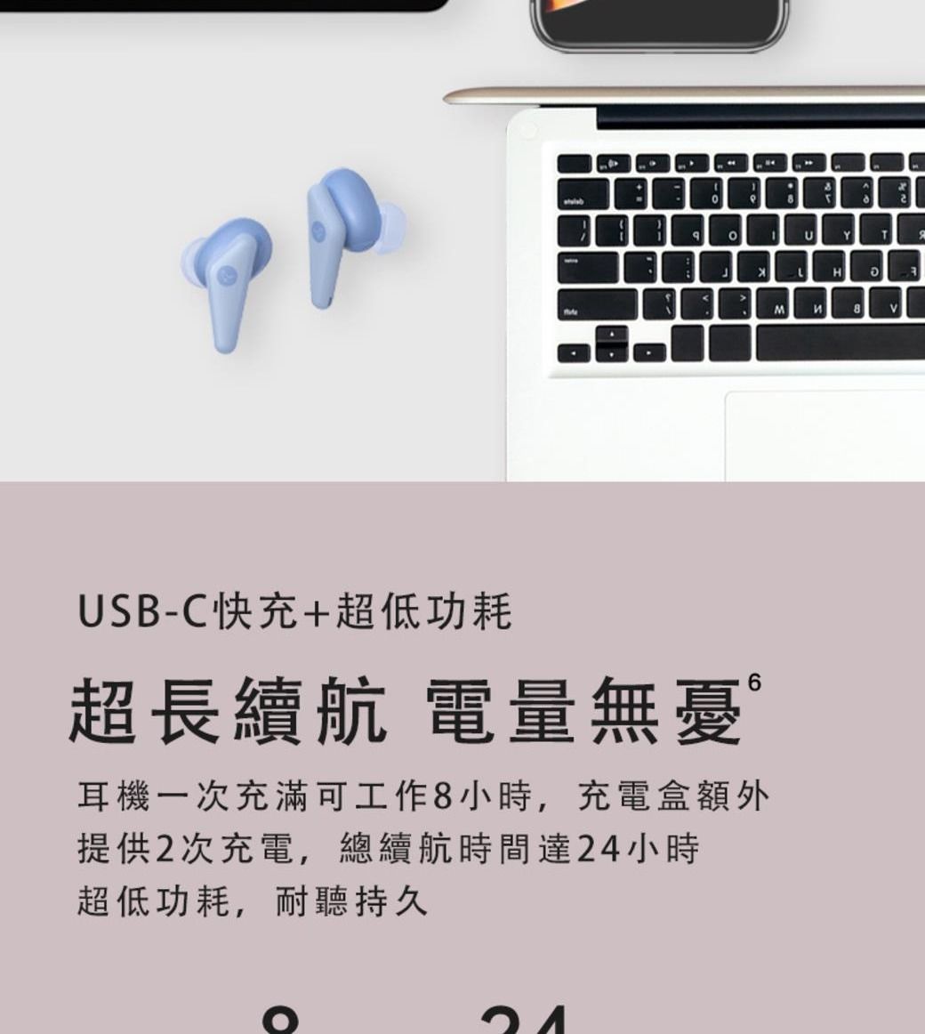 YTLHM8USB-C快充+超低功耗超長續航 電量無憂˚耳機一次充滿可工作8小時,充電盒額外提供2次充電,總續航時間達小時超低功耗,耐聽持久24