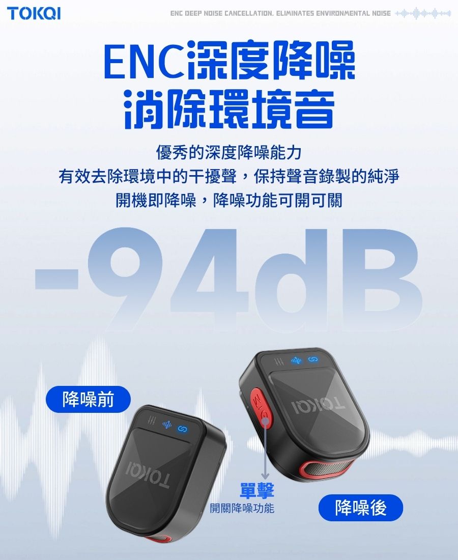 TOKQIENC DEEP  CANCELLATION, ELIMINATES ENVIRONMENTAL NOISE ENC深度降噪消除環境音優秀的深度降噪能力有效去除環境中的干擾聲,保持聲音錄製的純淨開機即降噪,降噪功能可開可關-94dB降噪前單擊開關降噪功能降噪後