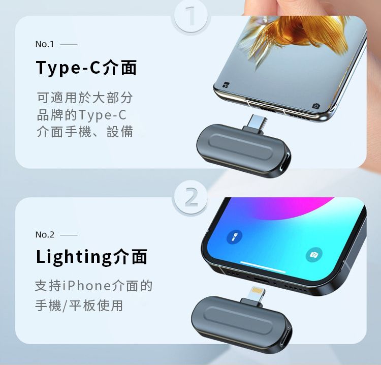 No.Type-C介面可適用於大部分品牌的Type-C介面手機、設備1No.2Lighting介面支持iPhone介面的手機/平板使用2