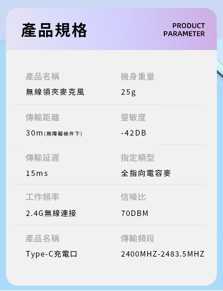 產品規格產品名稱機身重量無線領夾麥克風25gPRODUCTPARAMETER傳輸距離30m (無障礙條件下)傳輸延遲15ms靈敏度-42DB指定類型全指向電容麥工作頻率信噪比2.4G無線連接70DBM產品名稱Type-C充電口傳輸頻段2400MHZ-2483.5MHZ