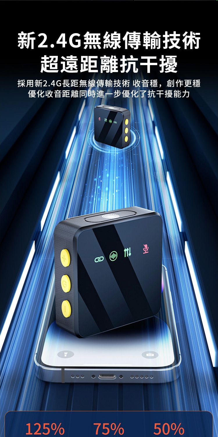 新2.4G無線傳輸技術超遠距離抗干擾採用新2.4G長距無線傳輸技術 收音穩,創作更穩優化收音距離同時進一步優化了抗干擾能力125% 75% 50%