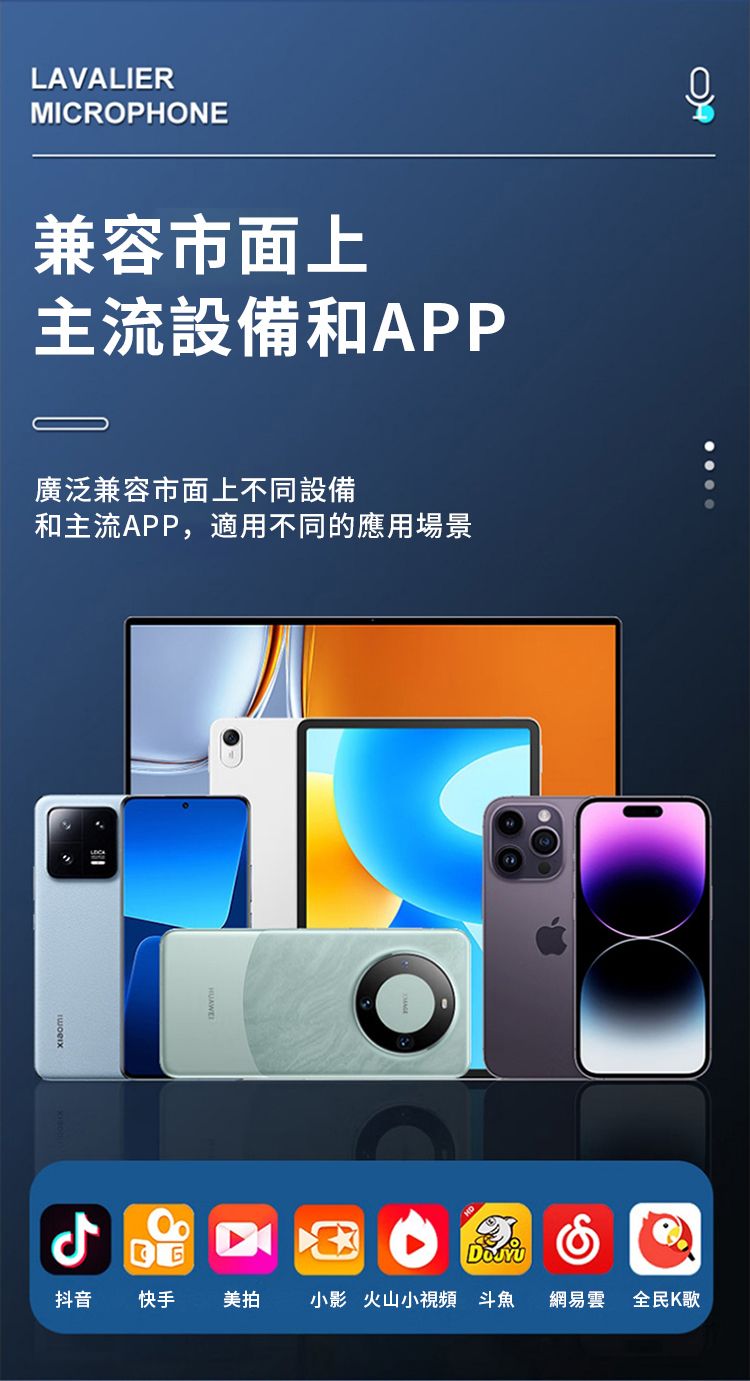 LAVALIERMICROPHONE兼容市面上主流設備和APP廣泛兼容市面上不同設備和主流APP,適用不同的應用場景6抖音快手 美拍小影 火山小視頻 斗魚網易雲全民K歌