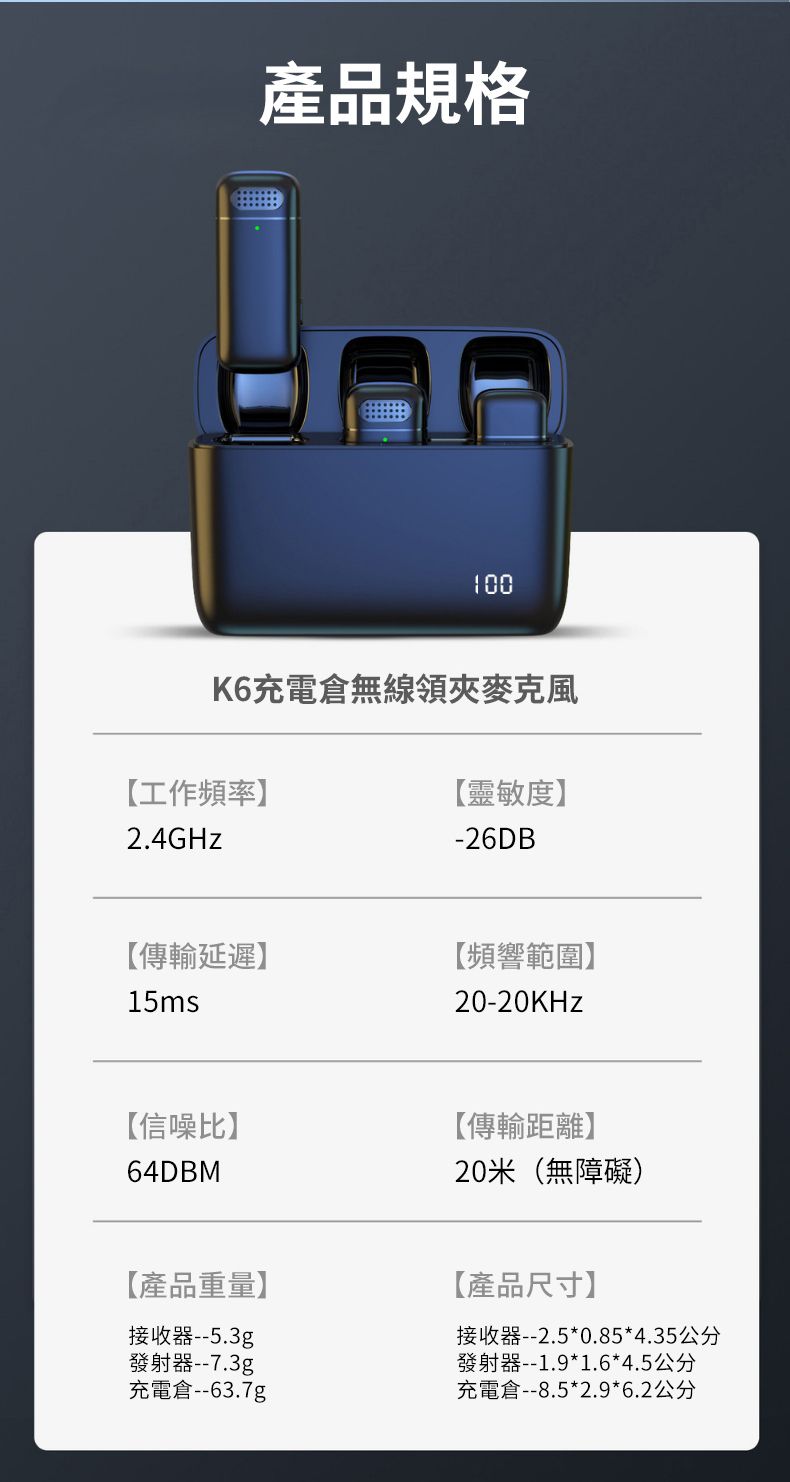 產品規格100K6充電倉無線領夾麥克風【工作頻率】【靈敏度】2.4GHz-26DB【傳輸延遲】【頻響範圍】15ms20-20KHz【信噪比】64DBM【傳輸距離】20米(無障礙)【產品重量】接收器--5.3gp發射器--7.3g充電倉--63.7g【產品尺寸】接收器--2.5*0.85*4.35公分發射器--1.9*1.6*4.5公分充電倉--8.5*2.9*6.2公分