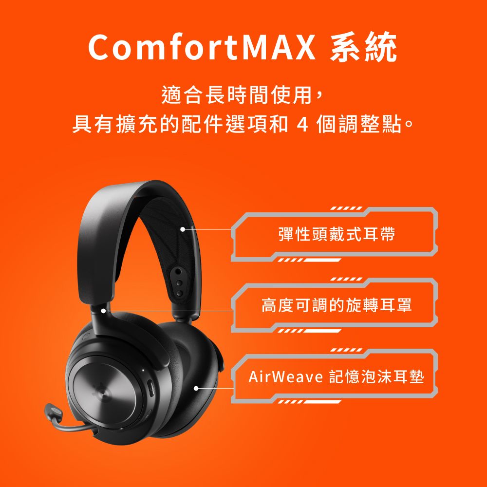 ComfortMAX 系統適合長時間使用,具有擴充的配件選項和4個調整點。彈性頭戴式耳帶高度可調的旋轉耳罩AirWeave 記憶泡沫耳墊