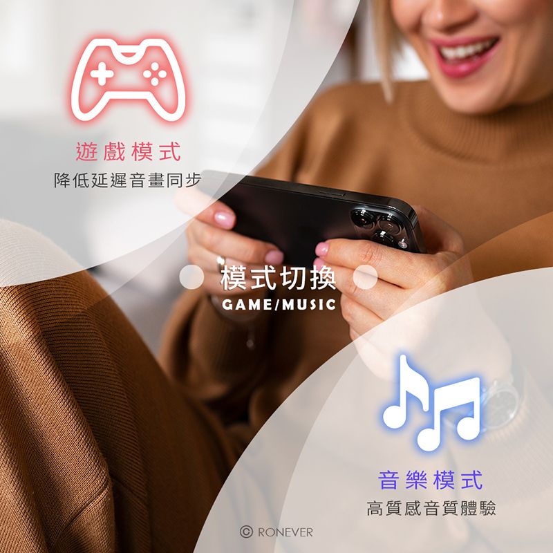 遊戲模式降低延遲音畫同步模式切換GAME/MUSICRONEVER音樂模式高質感音質體驗