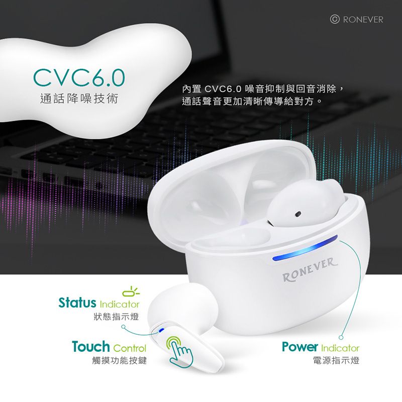 CVC6.0通話降噪技術內置 CVC6.0 噪音抑制與回音消除:通話聲音更加清晰傳導給對方。Status IndicatorRONEVER狀態指示燈Touch Control觸摸功能按鍵RONEVERPower Indicator電源指示燈