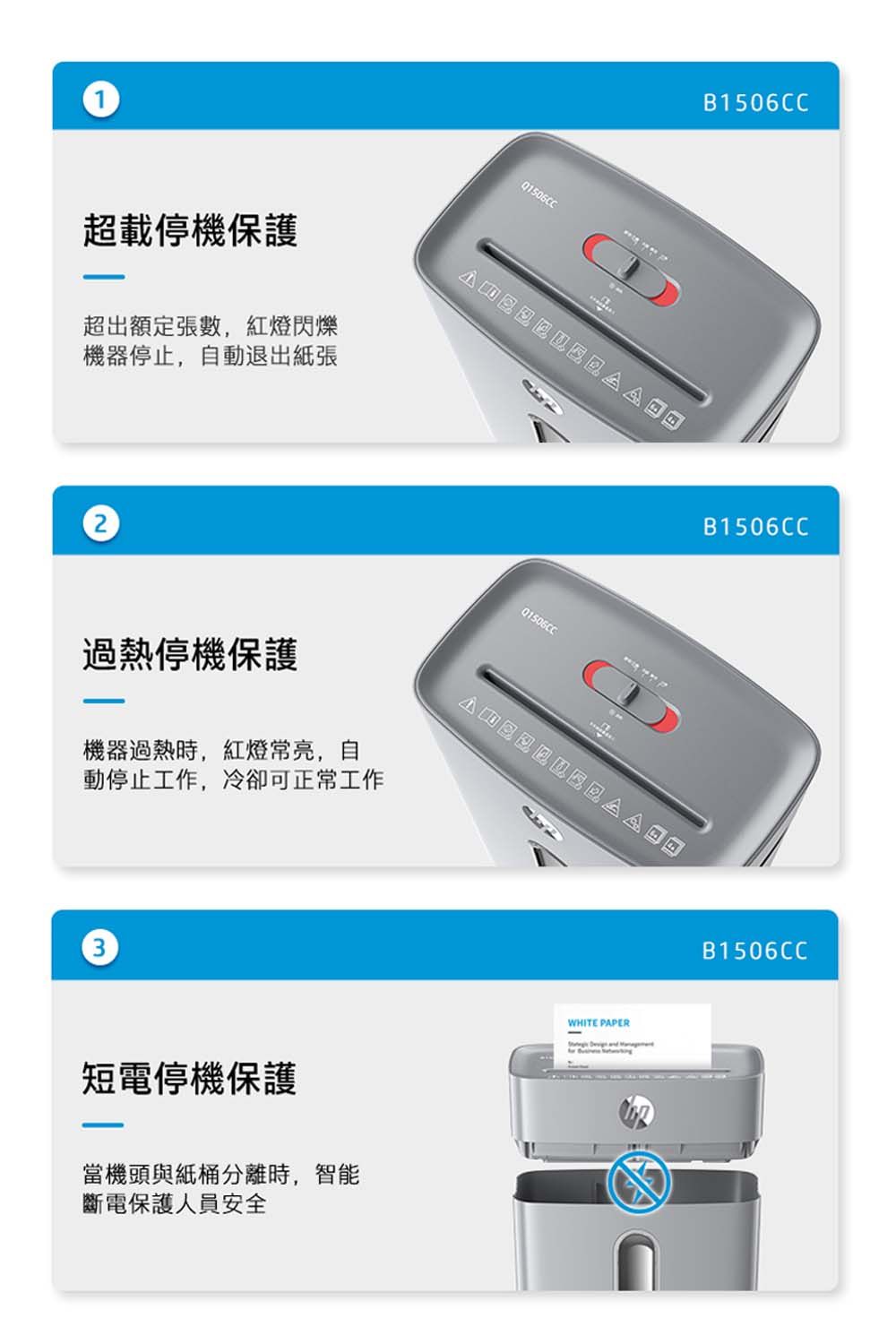 超載停機保護超出額定張數,紅燈閃爍機器停止,自動退出紙張過熱停機保護機器過熱時,紅燈常亮,自動停止工作,冷卻可正常工作短電停機保護當機頭與紙桶分離時,智能斷電保護人員安全B150CCWHITE PAPER  B150CCB150CC