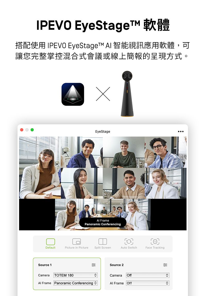 IPEVO EyeStage搭配使用 IPEVO EyeStageT AI 智能視訊應用軟體,可讓您完整掌控混合式會議或線上簡報的呈現方式。EyeStage FramePanoramic ConferencingDefaultPicture in PictureSplit ScreenAuto SwitchFace TrackingSource 1Camera TOTEM 180Source 2 Frame Panoramic ConferencingCameraOffAl Frame Off