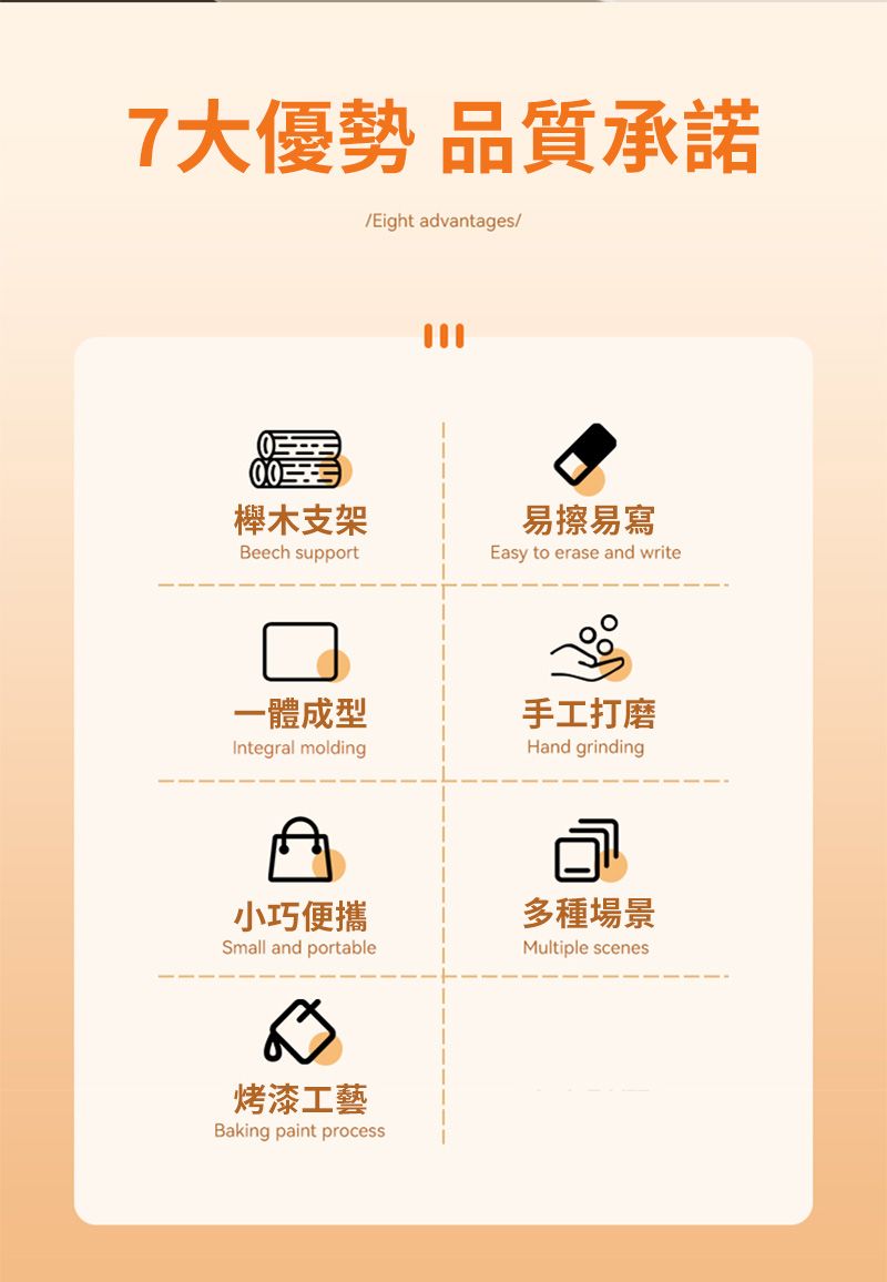 7大優勢 品質承諾Eight advantages/櫸木支架Beech support一體成型Integral molding易擦易寫Easy to erase and write手工打磨Hand grinding小巧便攜多種場景Small and portableMultiple scenes烤漆工藝Baking paint process