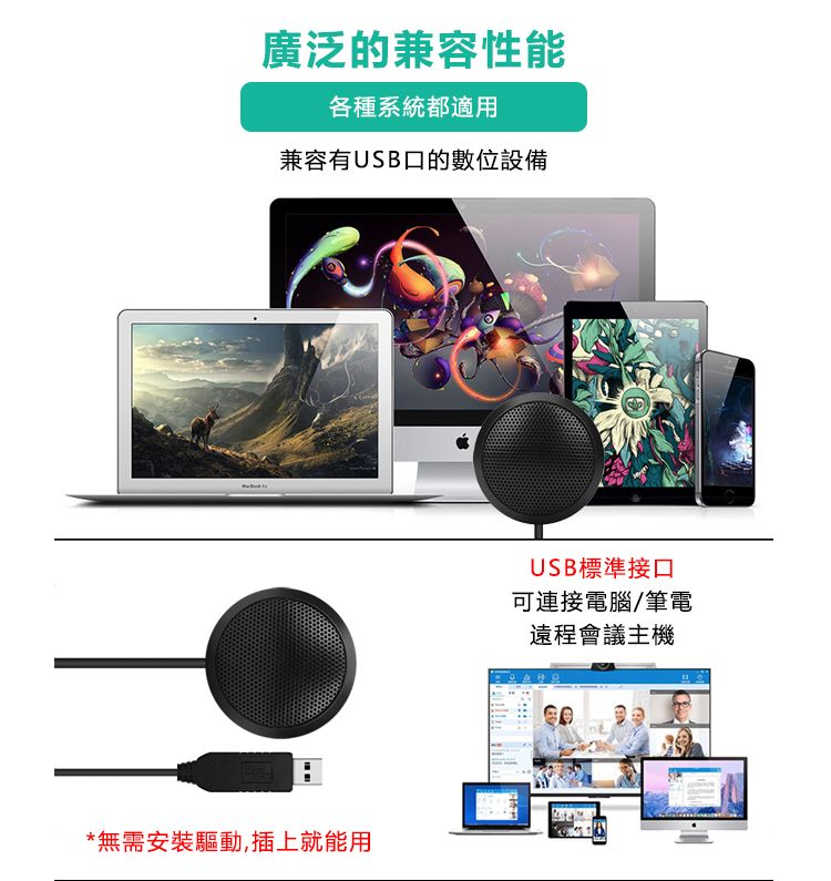 廣泛的兼容性能各種系統都適用兼容有USB口的數位設備*無需安裝驅動,插上就能用USB標準接口可連接電腦/筆電遠程會議主機