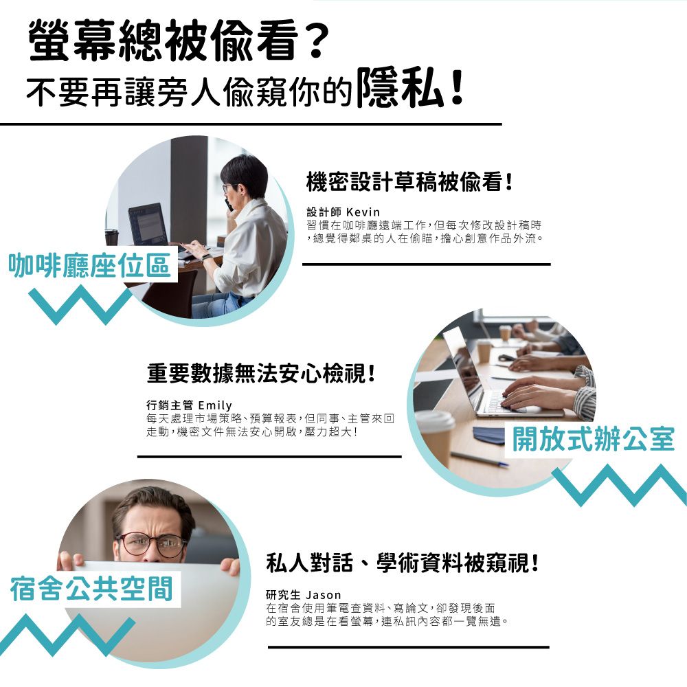 螢幕總被偷看?不要再讓旁人偷窺你的隱私!機密設計草稿被偷看!設計師 Kevin習慣在咖啡廳遠端工作,但每次修改設計稿時,總覺得鄰桌的人在偷瞄,擔心創意作品外流。咖啡廳座位區重要數據無法安心檢視!行銷主管 Emily每天處理市場策略、預算報表,但同事、主管來回走動,機密文件無法安心開啟,壓力超大!開放式辦公室宿舍公共空間私人對話、學術資料被窺視!研究生 Jason在宿舍使用筆電查資料、寫論文,卻發現後面的室友總是在看螢幕,連私訊內容都一覽無遺。