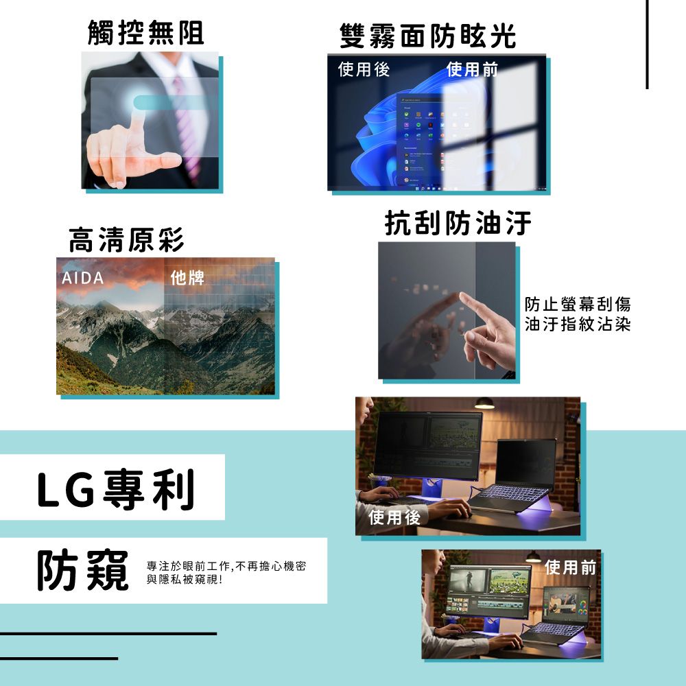 觸控無阻雙霧面防眩光使用後使用前高清原彩AIDA他牌LG 專利防窺專注於眼前工作,不再擔心機密與隱私被窺視!抗刮防防止螢幕刮傷油汙指紋沾染使用後使用前